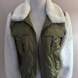 Blank NYC Take it Easy Jacket Nylon Olive Green with Faux Sherpa NWT Size S
